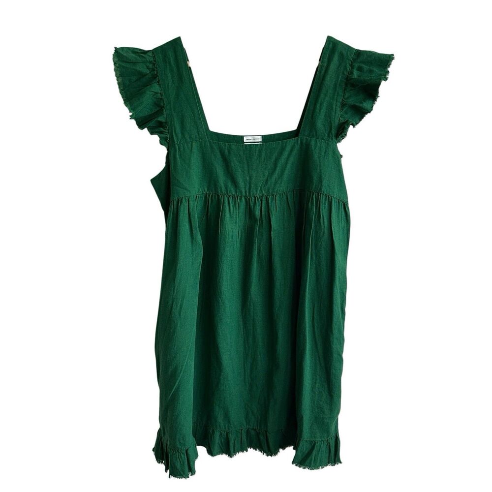 Aerie Emerald Mini Dress Sz M Green Linen Flutter Mini Babydoll Cottagecore - Picture 2 of 7